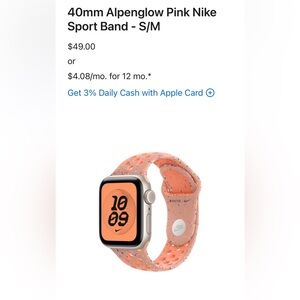 NWT Nike/Apple Alpenglow Pink Tech Specs Sports Band for Apple Watch 40mm Matte